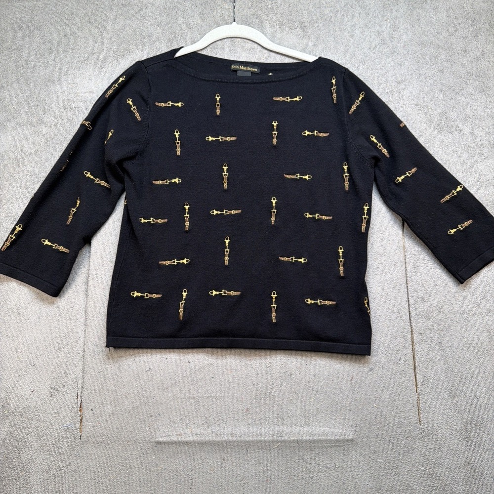 Erin Matthew Knit Sweater Top Womens Large Black Gold Equestrian Bit Print‎